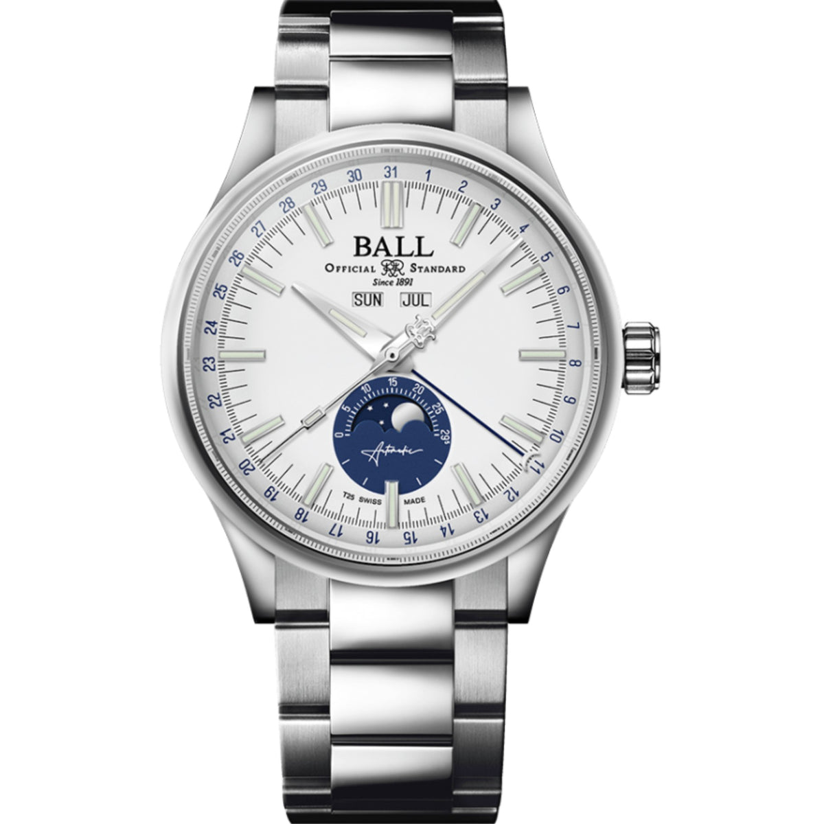 Stainless steel men’s watch with white dial, blue moon subdial, metal bracelet