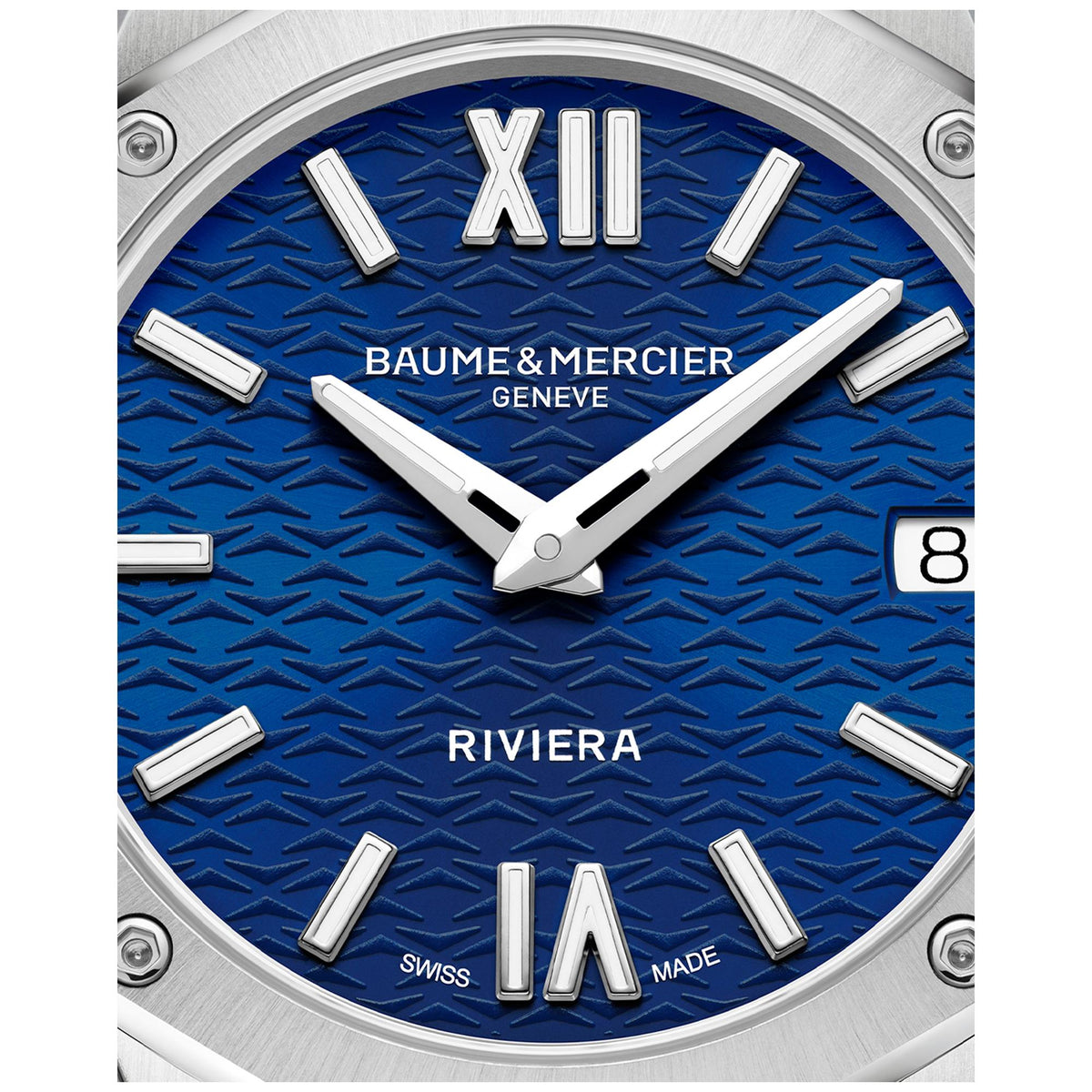 Women's steel watch with blue textured dial, Roman numerals and date window at 8