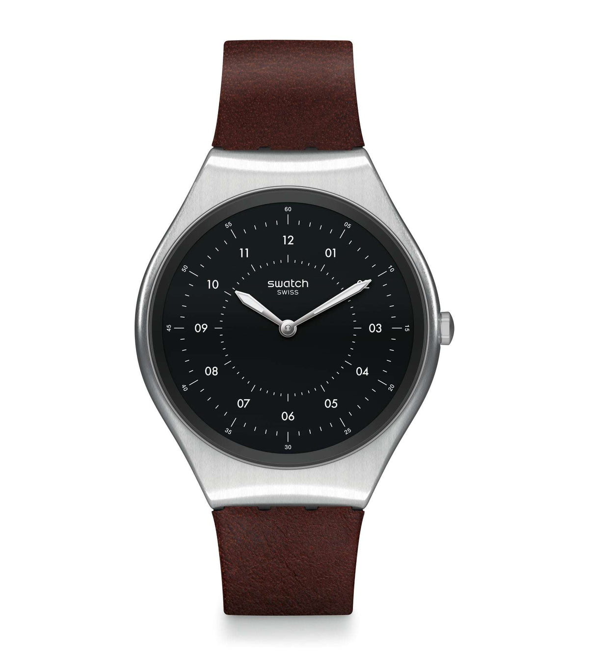 Swatch skinbrushed black dial watch, silver case, brown leather strap