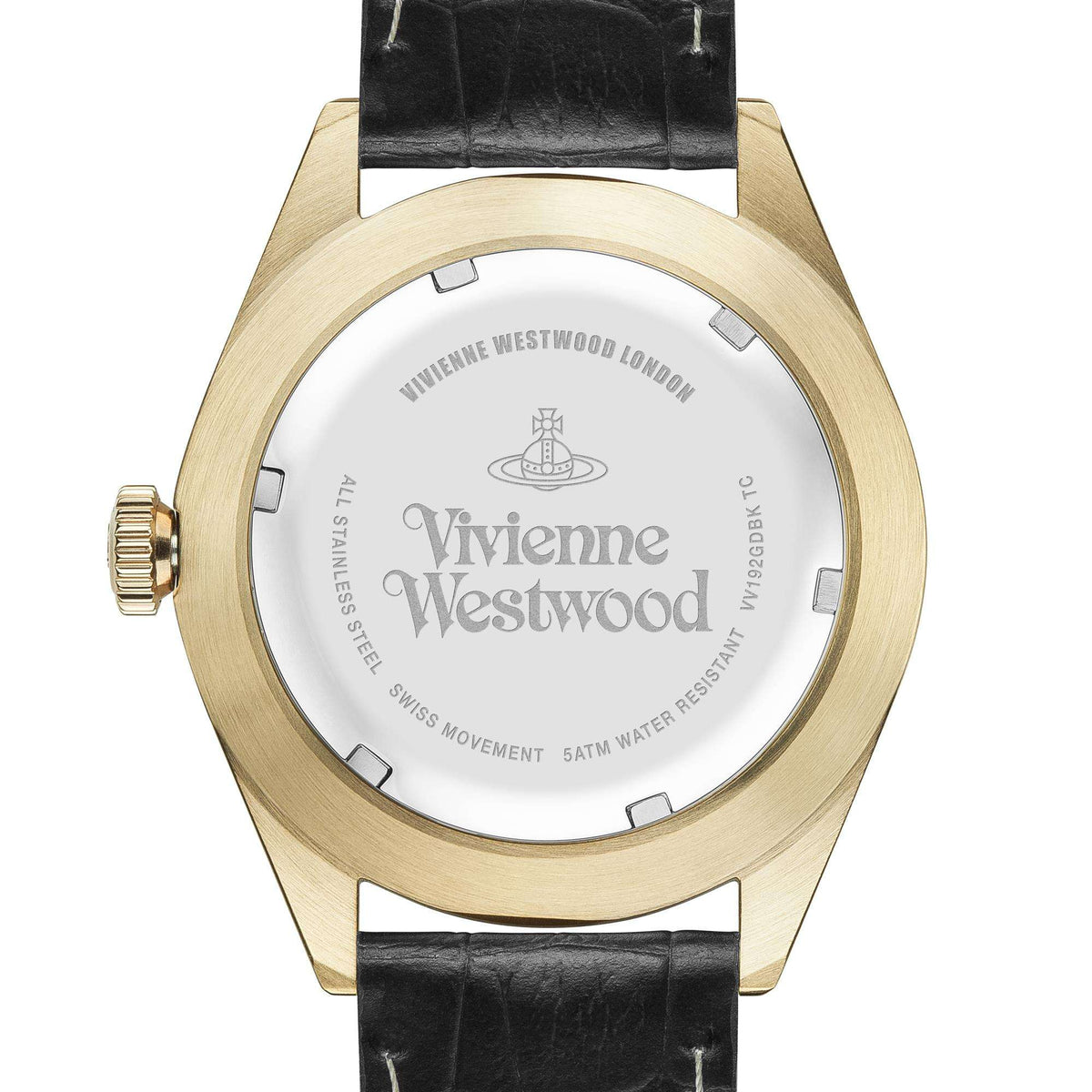 Men's gold-tone watch with black leather strap, white dial, and Vivienne Westwood branding