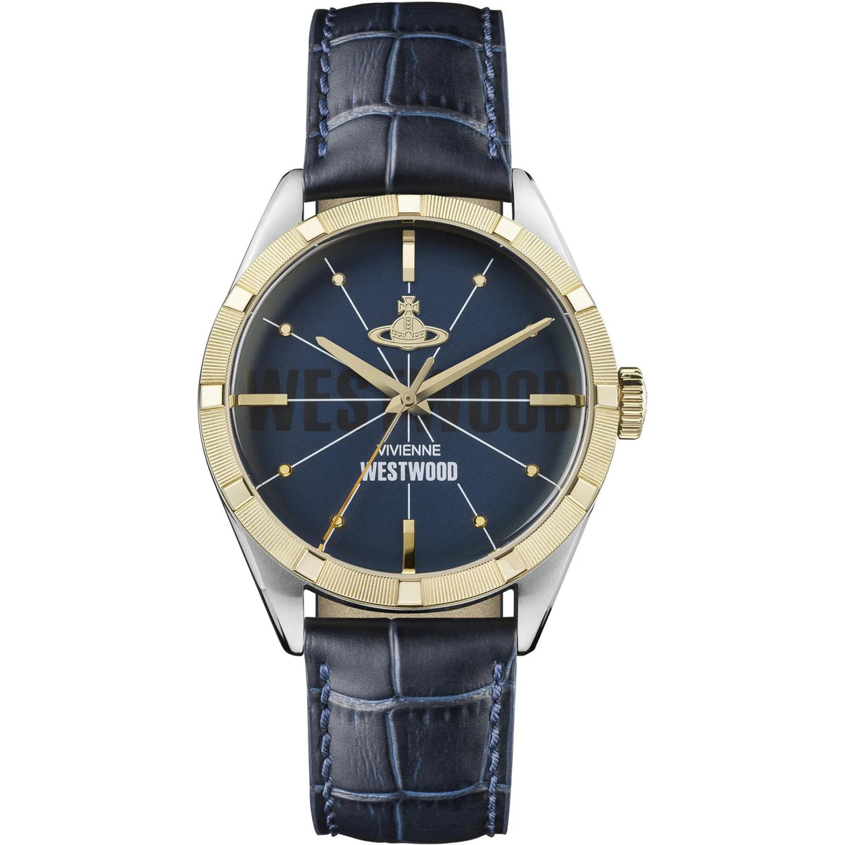 Men's Vivienne Westwood wristwatch with blue dial, gold bezel, and dark blue leather strap