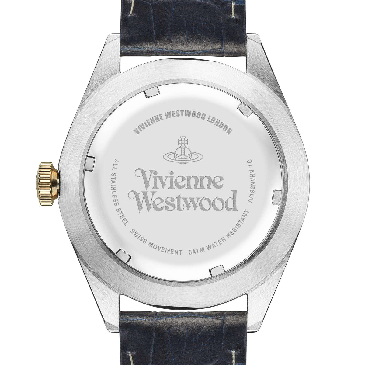 Men's Vivienne Westwood wristwatch with engraved case back and dark blue leather strap