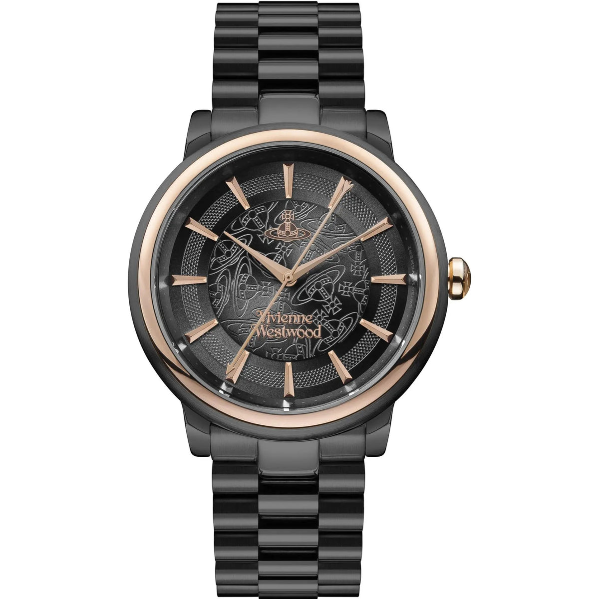 Vivienne Westwood ladies watch with black dial, rose-gold hands and black steel bracelet