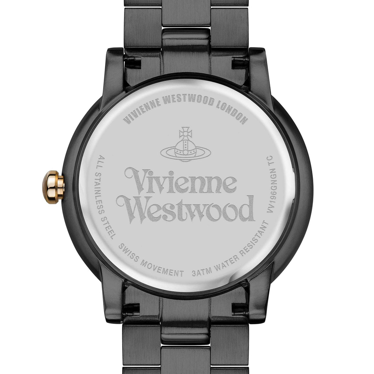 Vivienne Westwood watch case back in black steel with gold-tone crown and engraved dial
