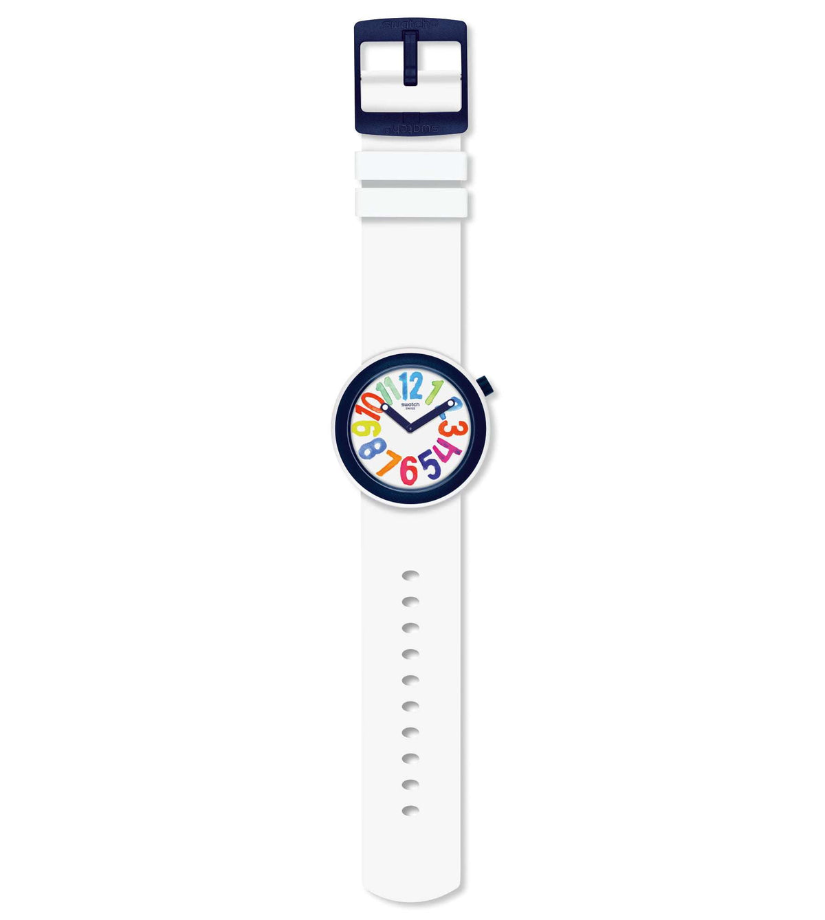 Popnumber wristwatch with white dial, multicolor number graphics, silver buckle on white strap