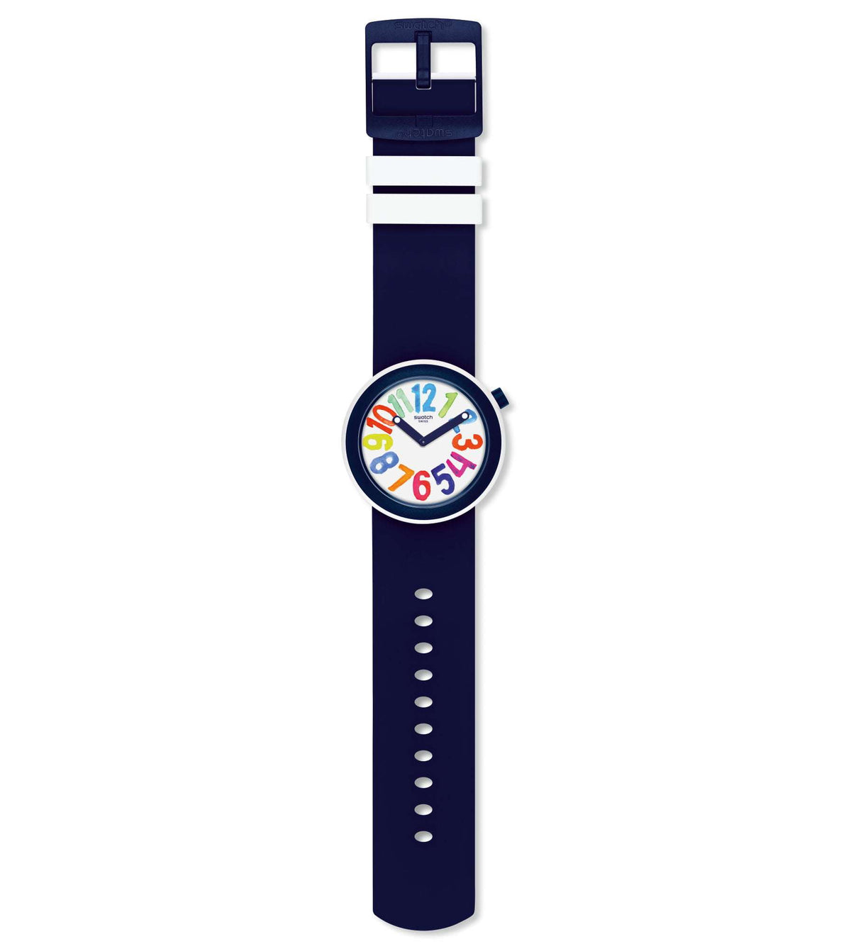 Popnumber wristwatch with white dial and multicolor number graphics, buckle on navy strap