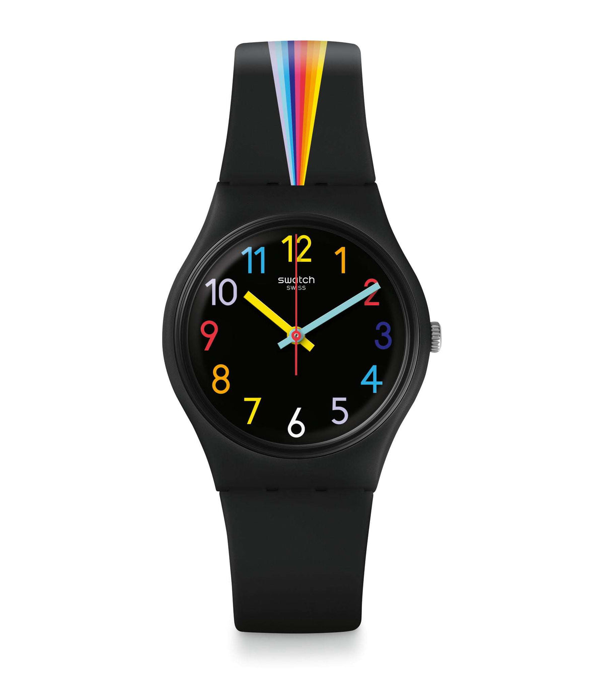 Swatch ladies' wristwatch with black case, colorful dial, rainbow accents and three hands