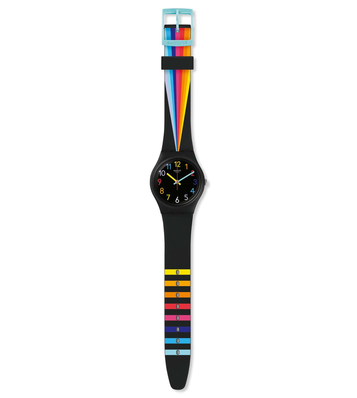 Swatch ladies' wristwatch with black strap, rainbow color bands, and colorful dial