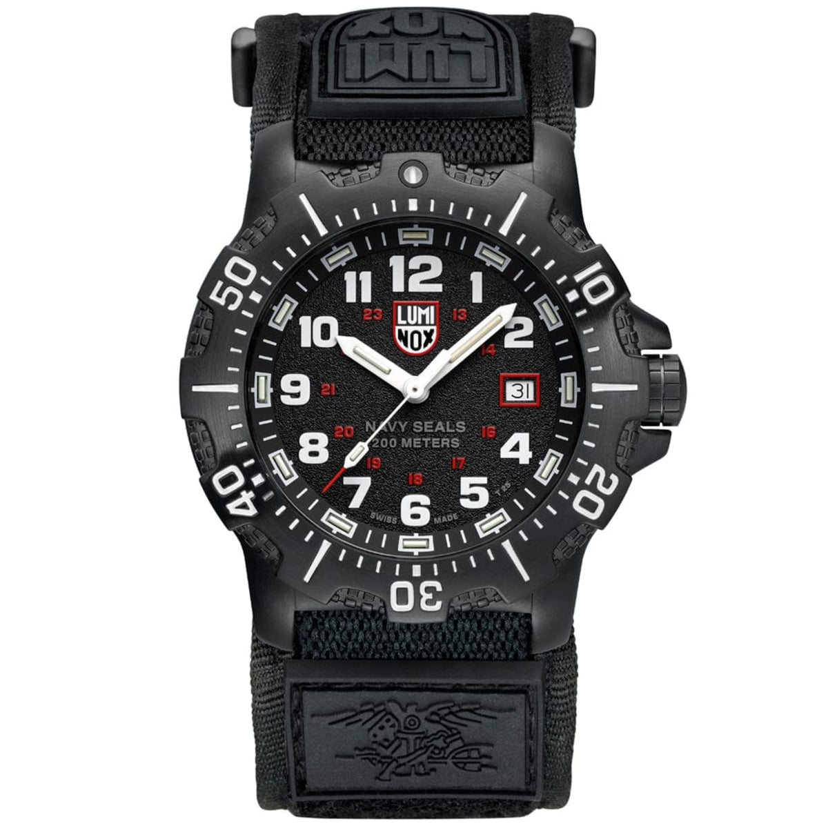 Men's Luminox Navy SEAL watch front view with raised strap tab and buckle