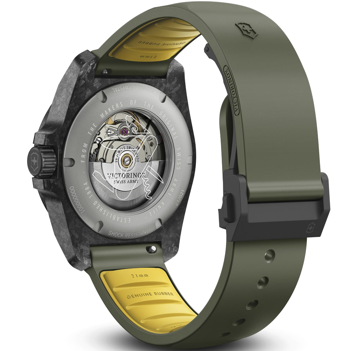 Victorinox 242021.1 green rubber strap and deployant clasp detail  