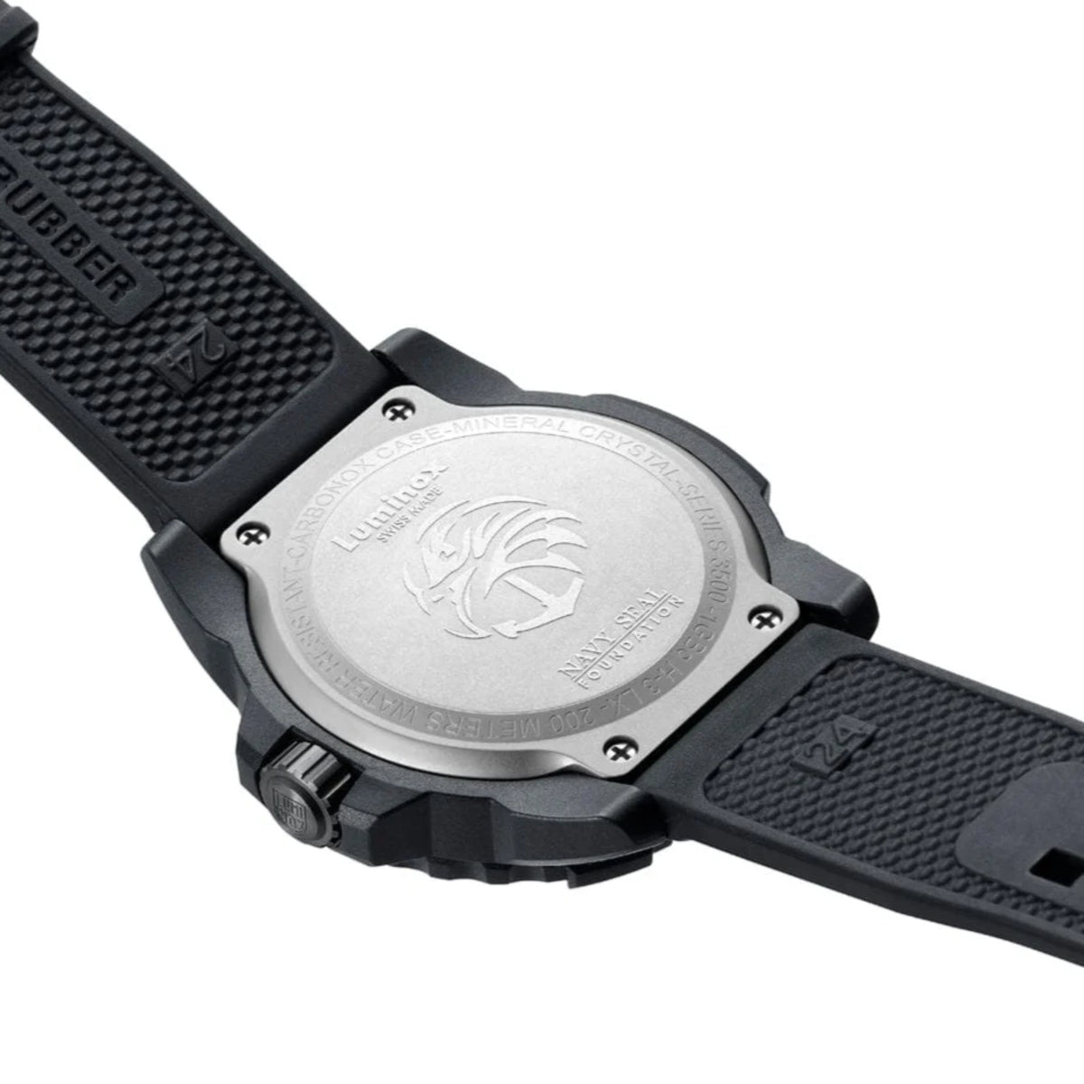 Luminox Navy SEAL Foundation caseback with engraved emblem and black textured strap