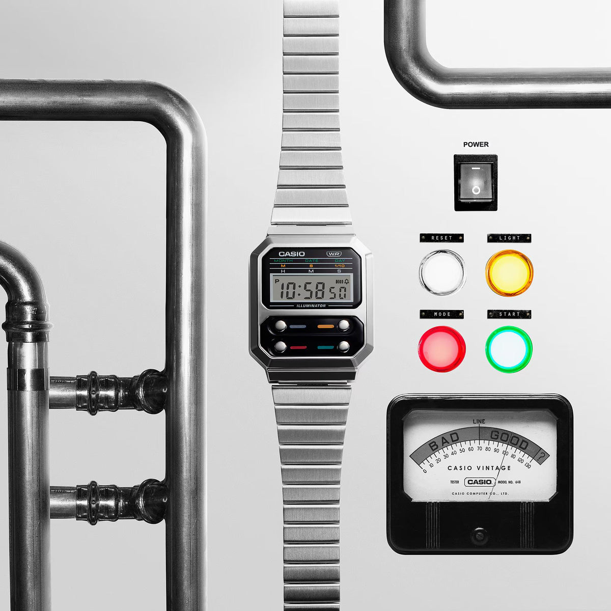 Casio digital watch with silver steel bracelet, LCD time visible