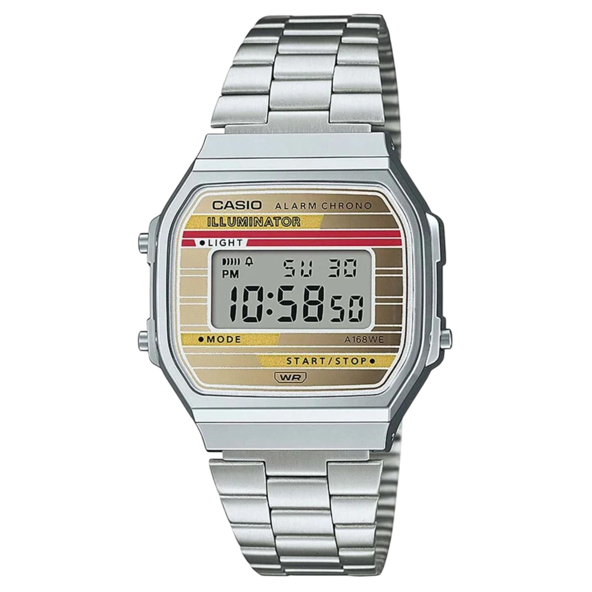 Front view of the silver Casio Vintage Digital Steel Strap Watch A168WEHA-9AEF featuring a retro striped face and LCD display