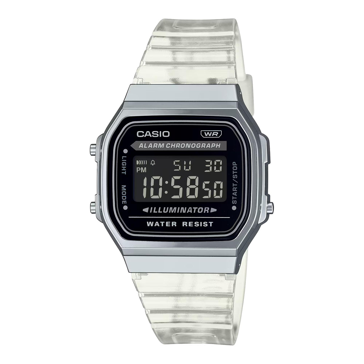 Front view of Casio Vintage Quartz Digital Resin Strap Watch A168XES-1BEF featuring a clear band and square silver case