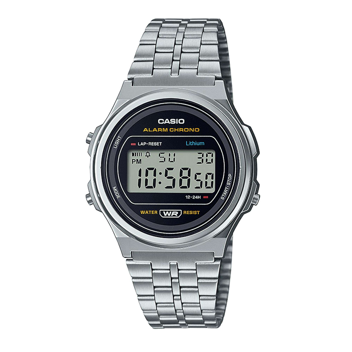 Men's digital sport watch with black dial, alarm chronograph, steel bracelet, bezel
