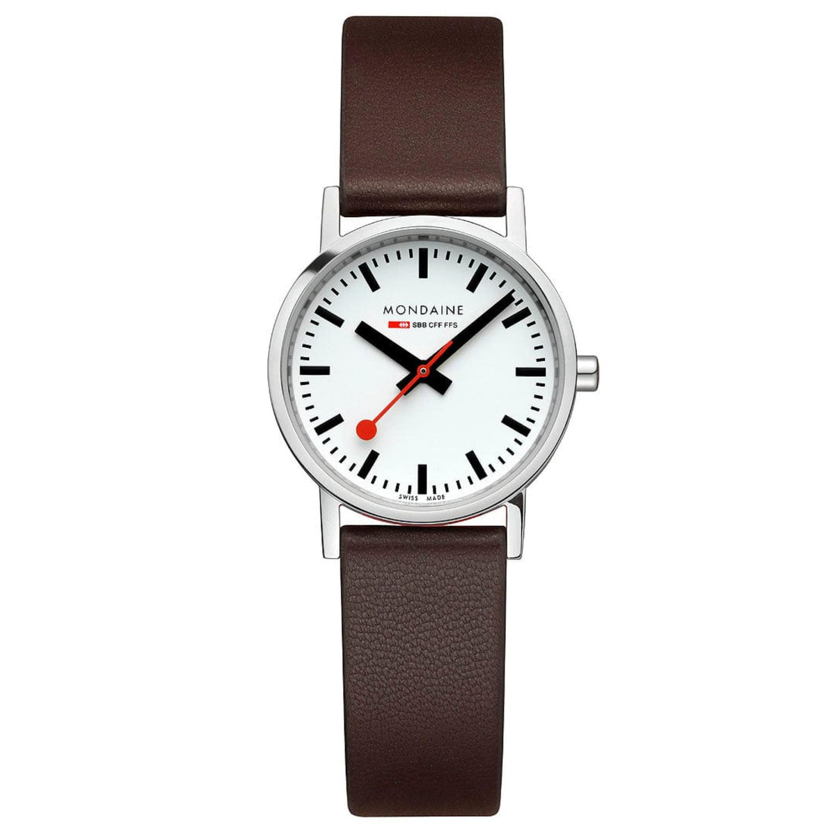 Mondaine Classic A658.30323.11SBGV front view detailing white dial, black indices, signature red second hand, and smooth brown vegan leather strap