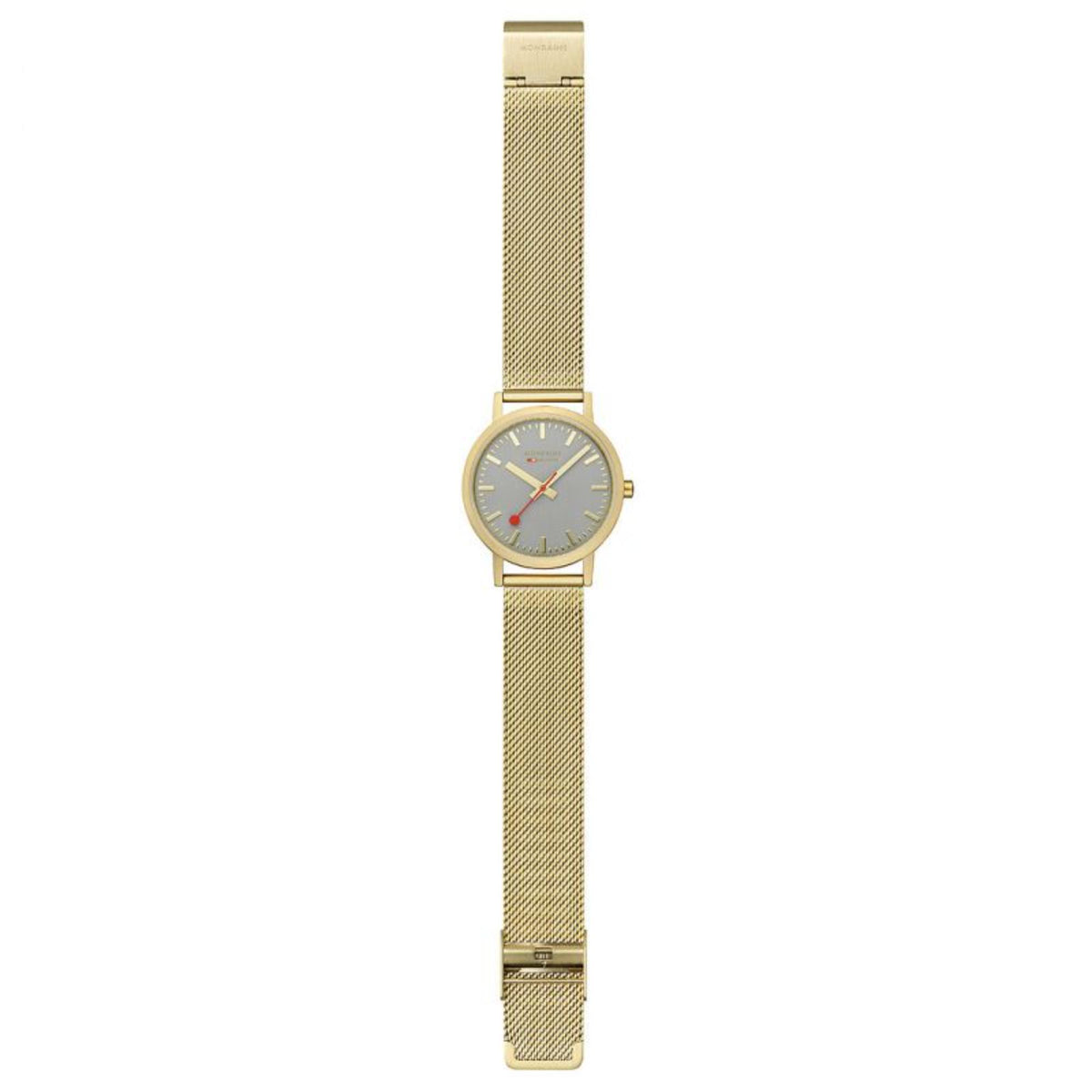 Gold-tone quartz watch with mesh strap, gray dial, round case
