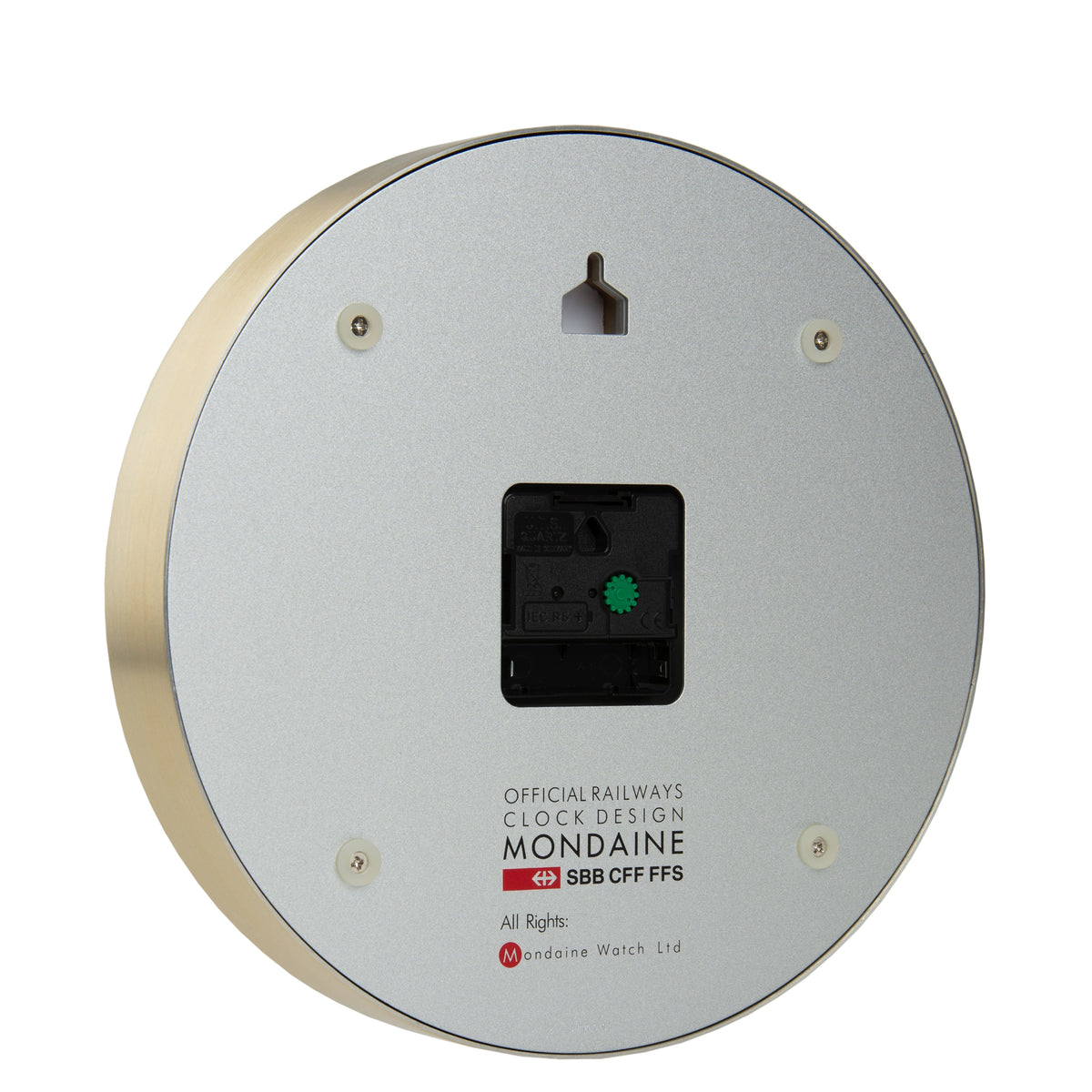 Mondaine gold wall clock back with mounting hardware and battery compartment