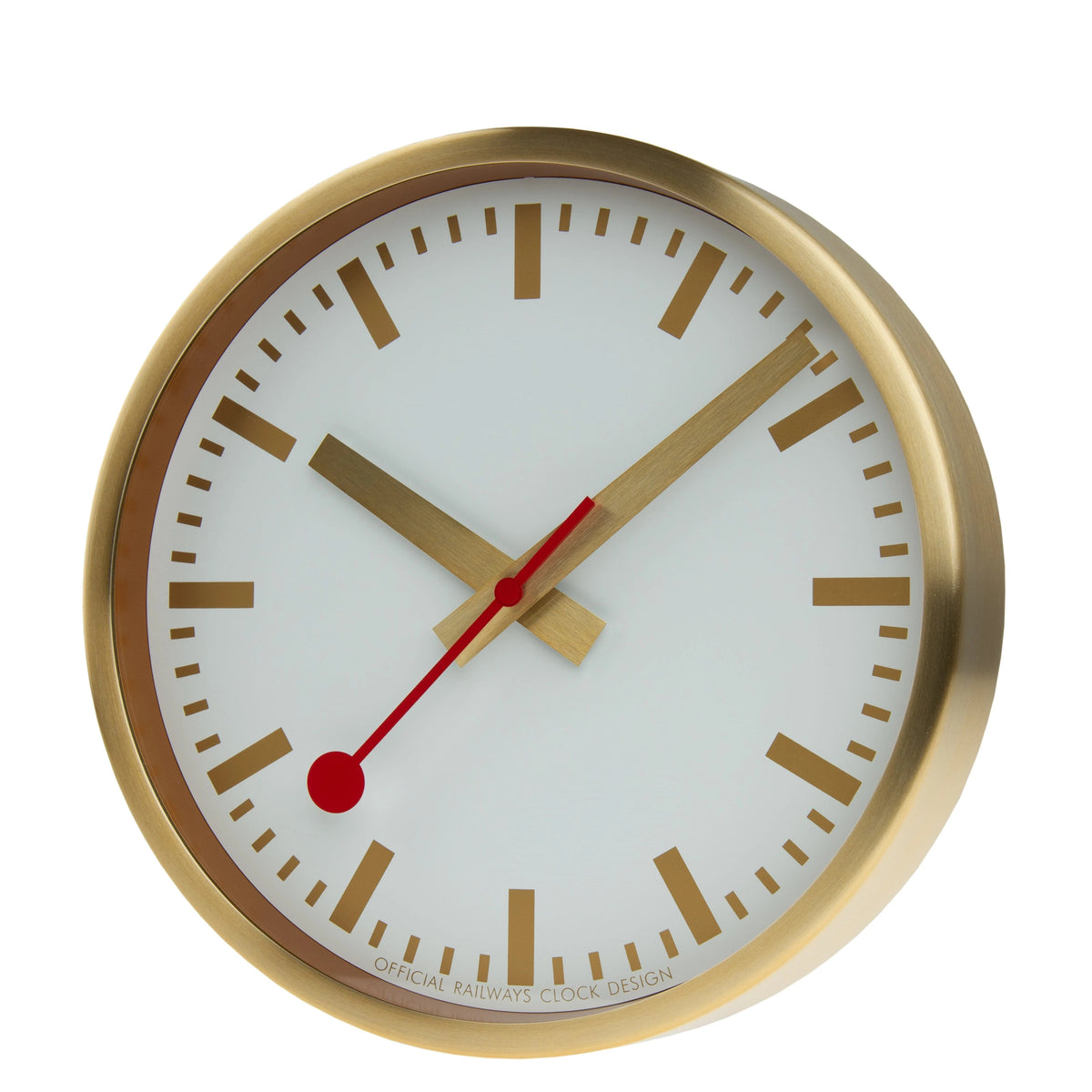 Mondaine gold wall clock with white dial, gold hands, and red second hand