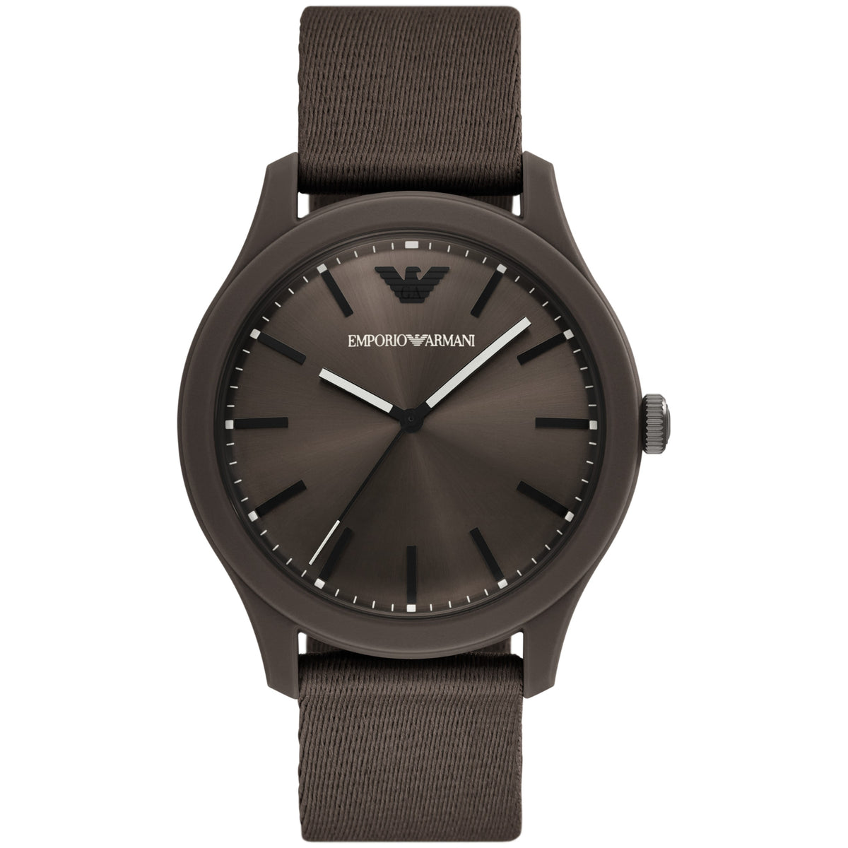 Men's Emporio Armani quartz watch with brown dial, dark case, and fabric strap