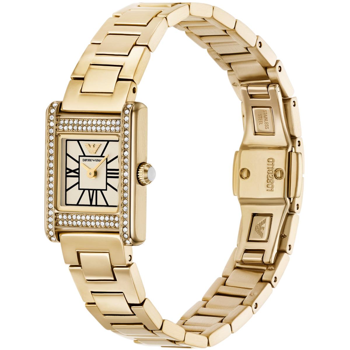 Three-quarter angle view of the Emporio Armani Genni AR11663 wristwatch showcasing the white dial layout, crystal-set bezel accents, winding crown, and gold-tone link bracelet with deployment clasp