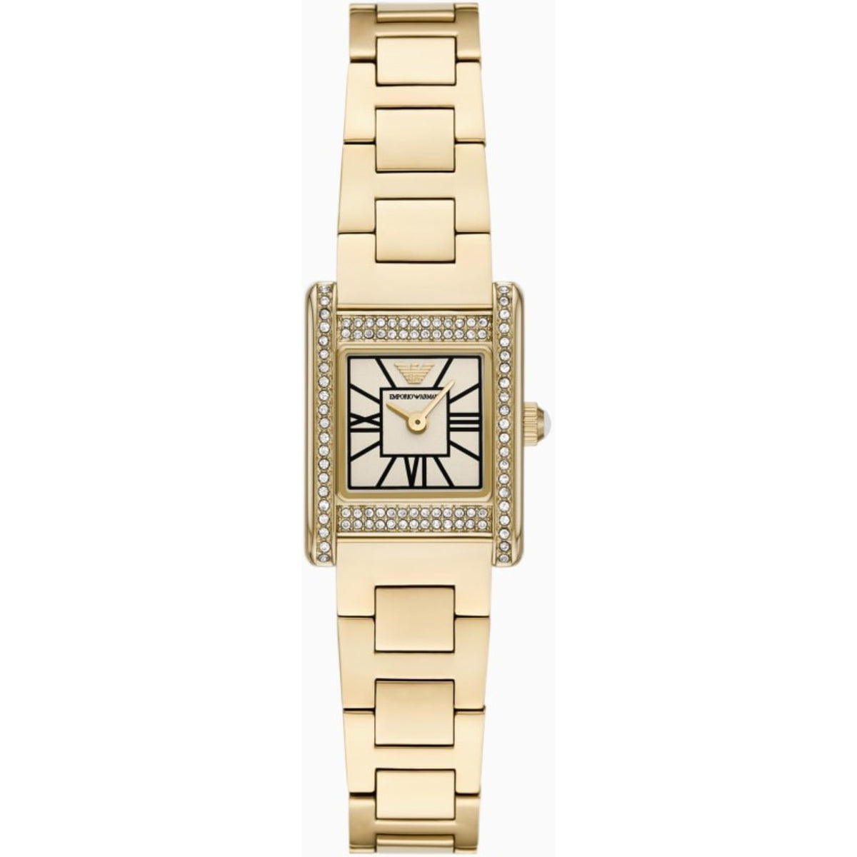 Emporio Armani Genni AR11663 ladies quartz watch featuring a white dial, crystal-adorned gold-tone rectangular steel case, Roman numerals, and a matching gold-tone bracelet