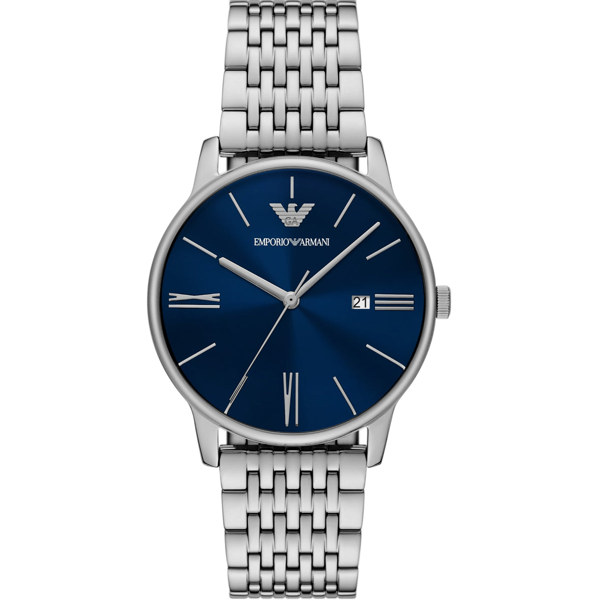 Men's steel quartz watch, blue dial, metal bracelet, date window at 21