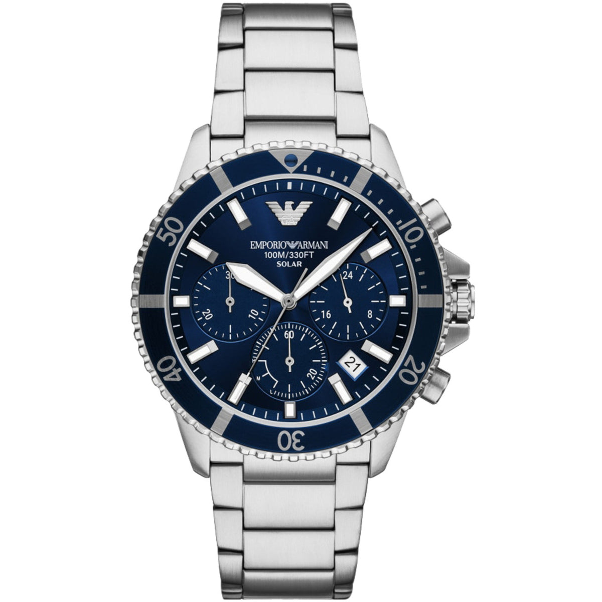 Emporio Armani World Explorer AR11681 mens quartz watch featuring a blue dial, chronograph subdials, blue bezel, and stainless steel bracelet