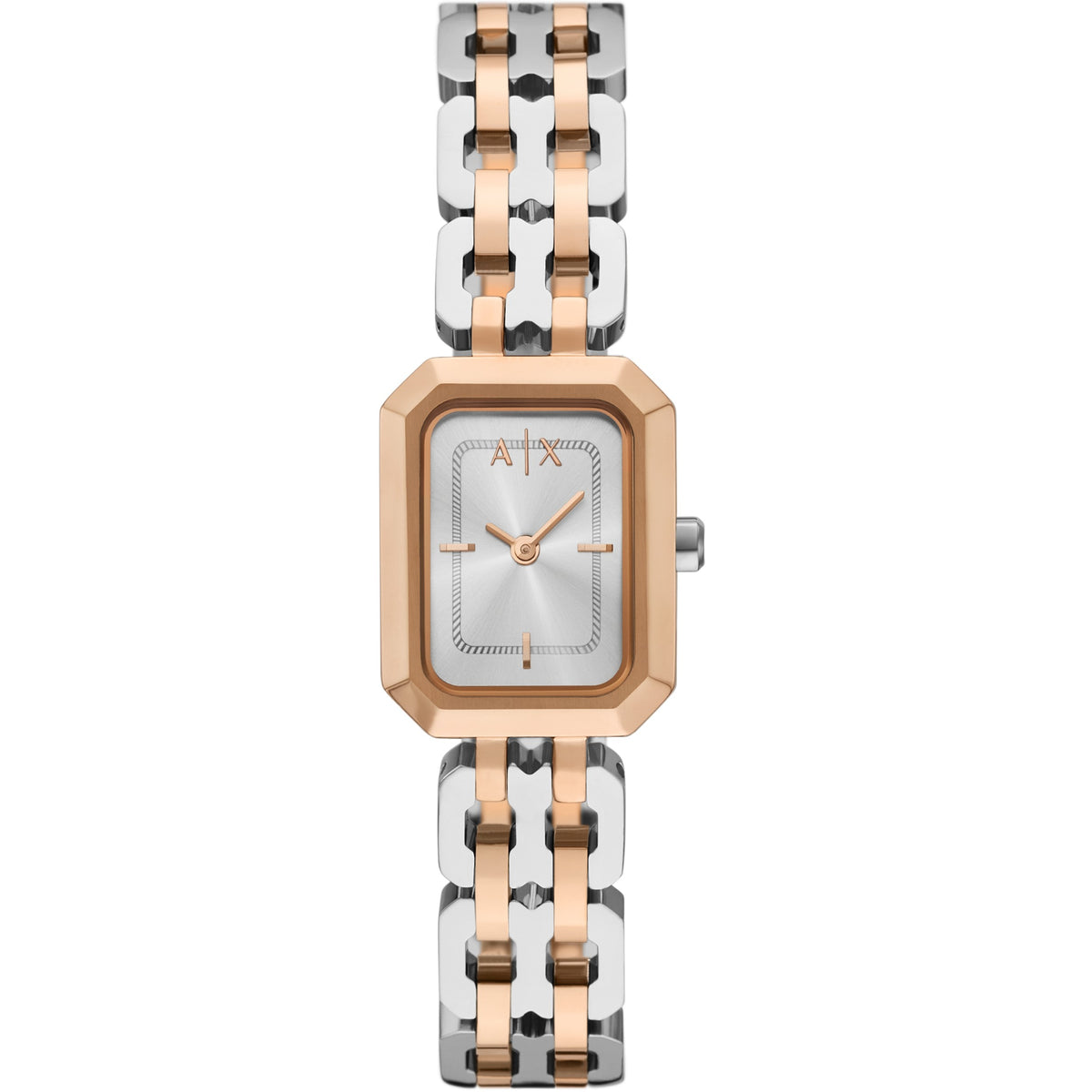 Armani Exchange Faye ladies quartz watch with silver bracelet and rose-gold bezel, square dial