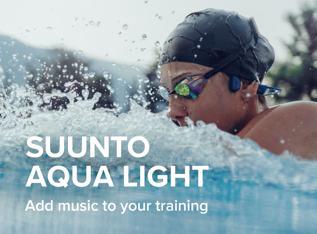 Female swimmer in pool wearing Suunto Aqua Light waterproof bone conduction sports headphones