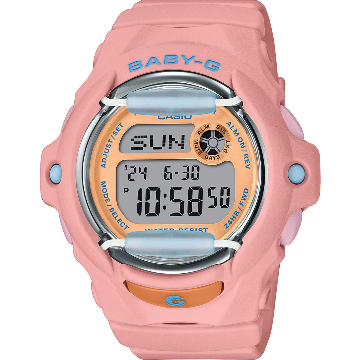 Front view of the Casio Baby-G BG-169PB-4ER ladies digital watch featuring an orange dial display and pink resin case