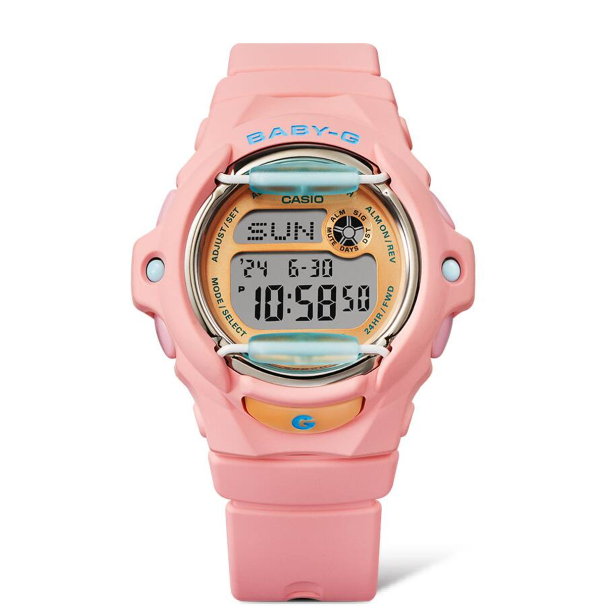 Full product view of the Casio Baby-G BG-169PB-4ER digital wrist watch with a pink resin strap and orange dial bezel