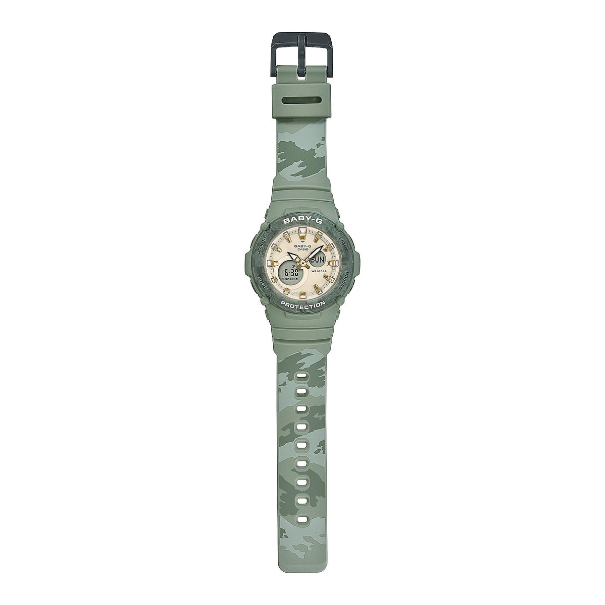 Casio Baby-G ladies watch with cream dial and light green camouflage resin strap