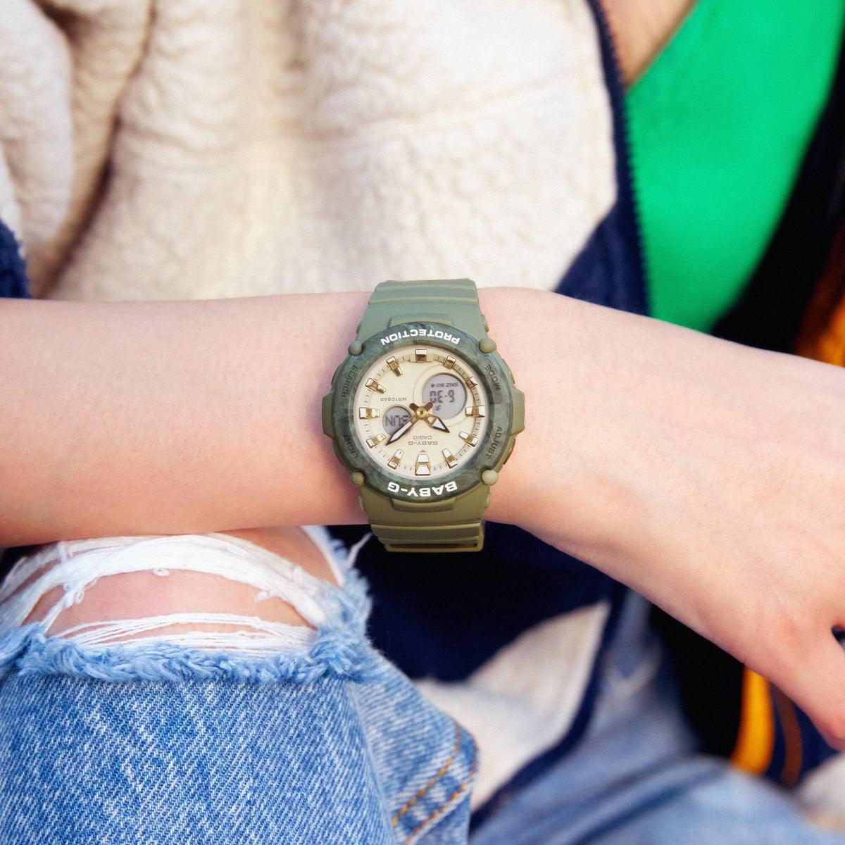 Casio Baby-G ladies watch with cream dial and green resin strap