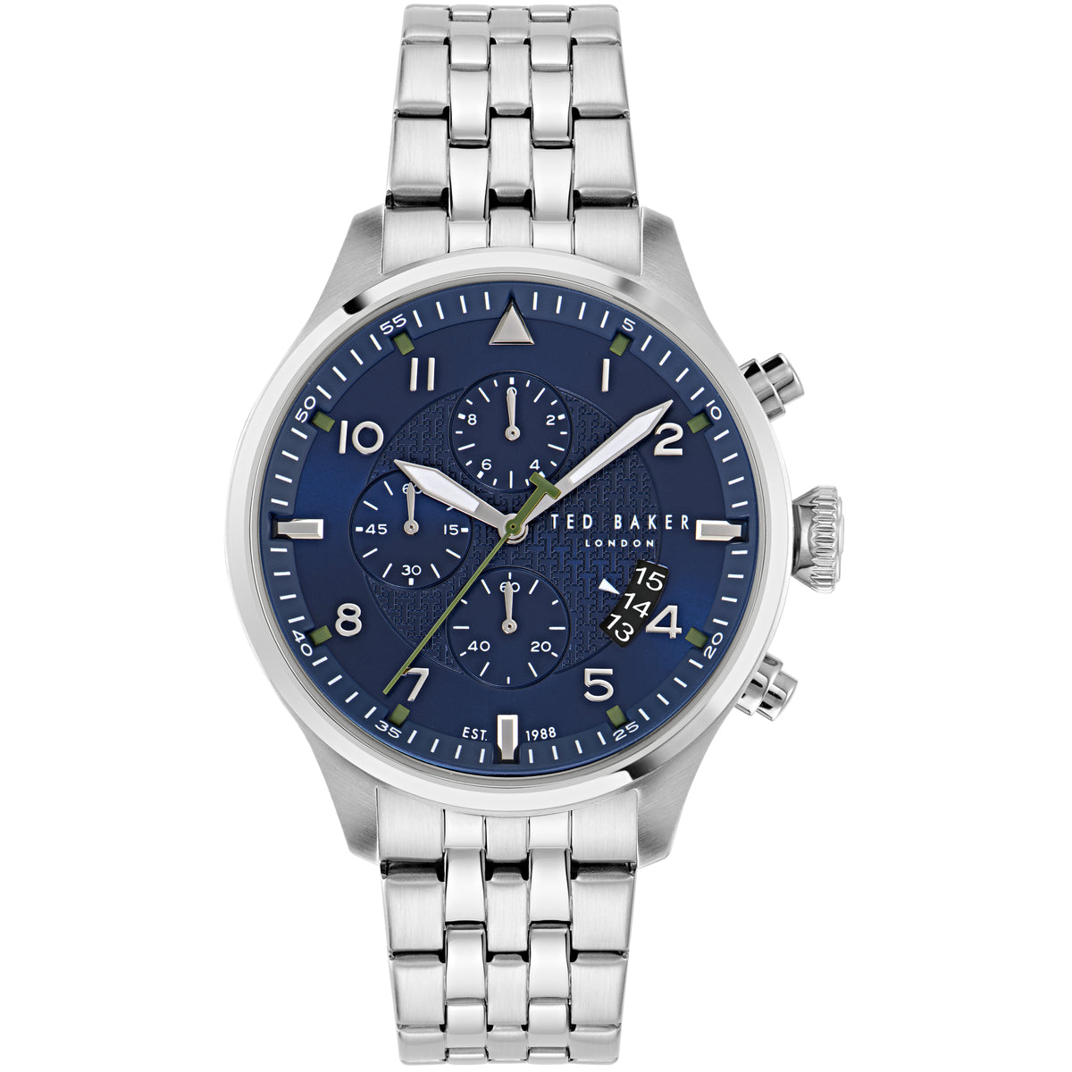 Men's steel watch with blue dial, three subdials, and linked bracelet