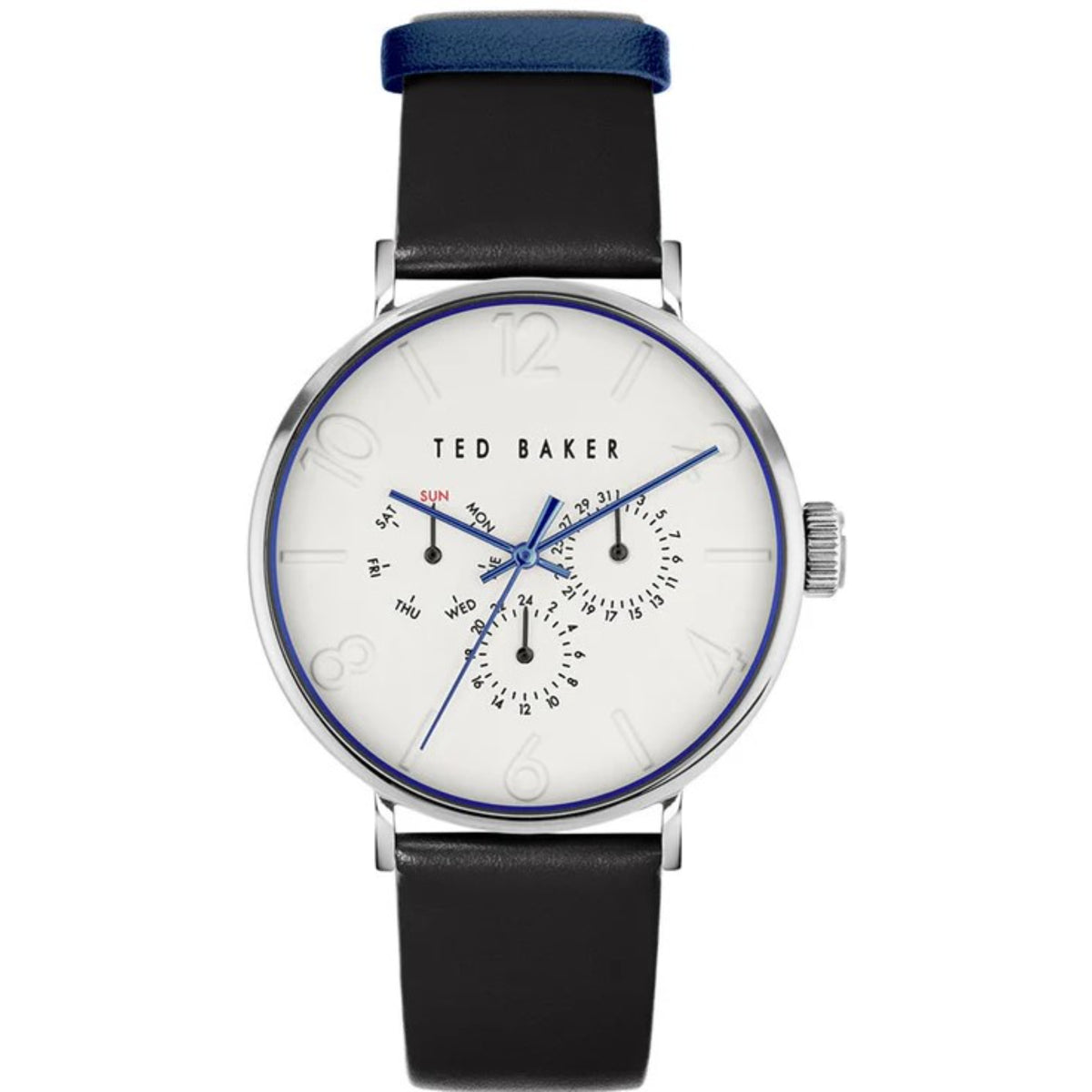 Men's stainless steel watch with white dial, blue accents, and black leather strap