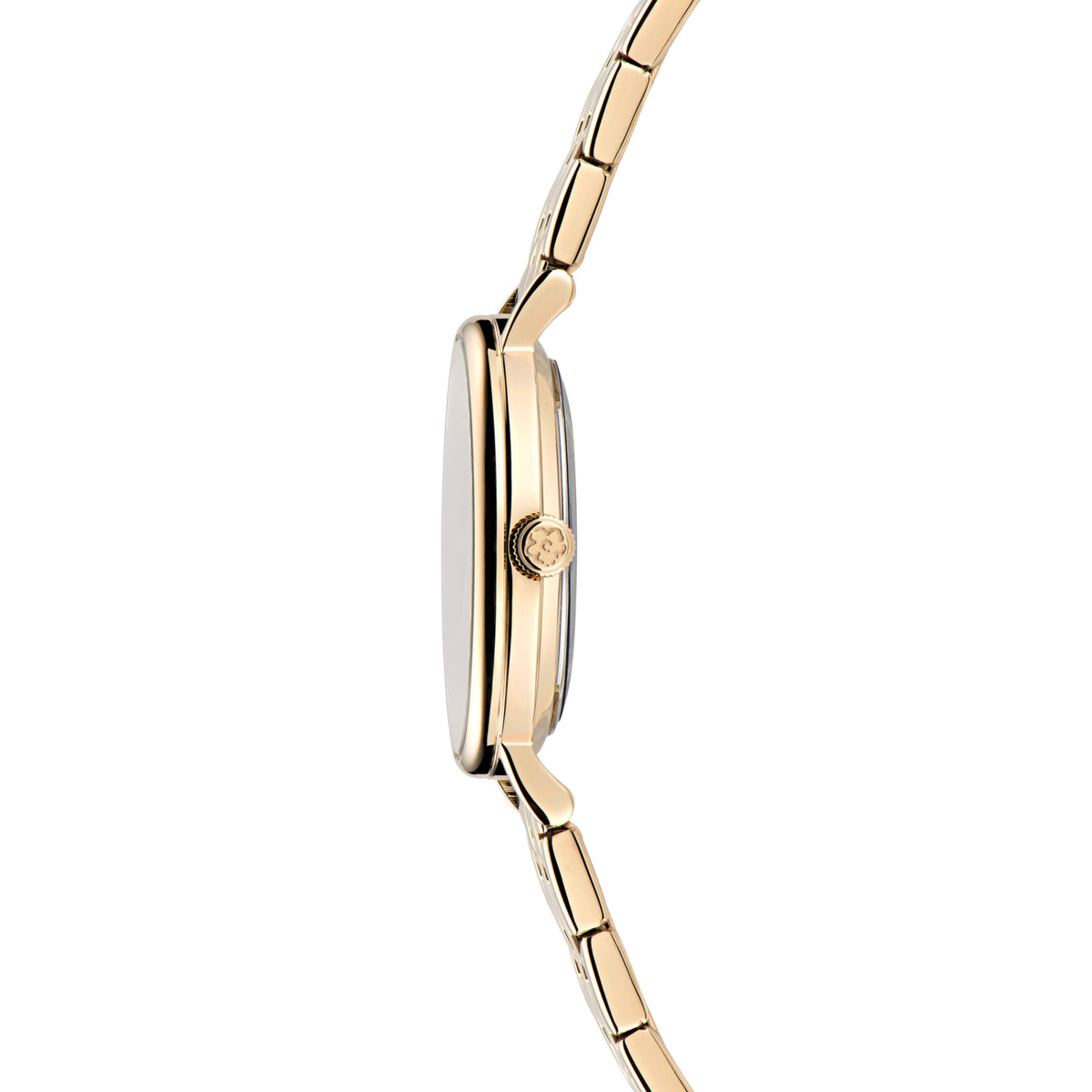 Gold-tone watch case profile with integrated metal bracelet and side crown detail
