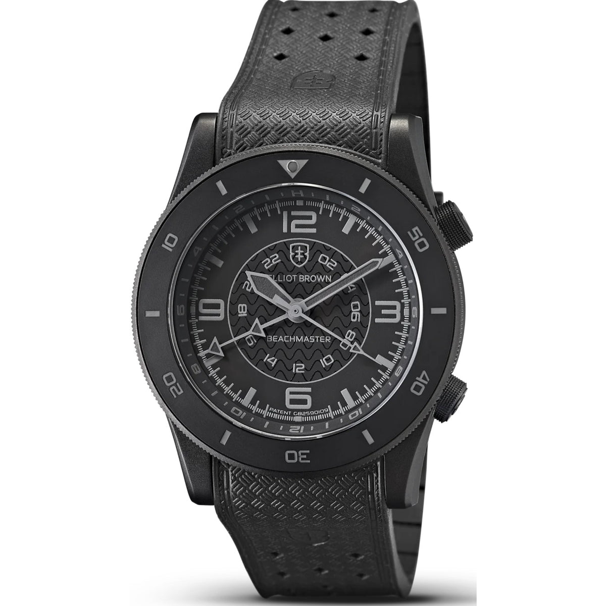 Men's black rubber strap wristwatch with analog black dial and date window