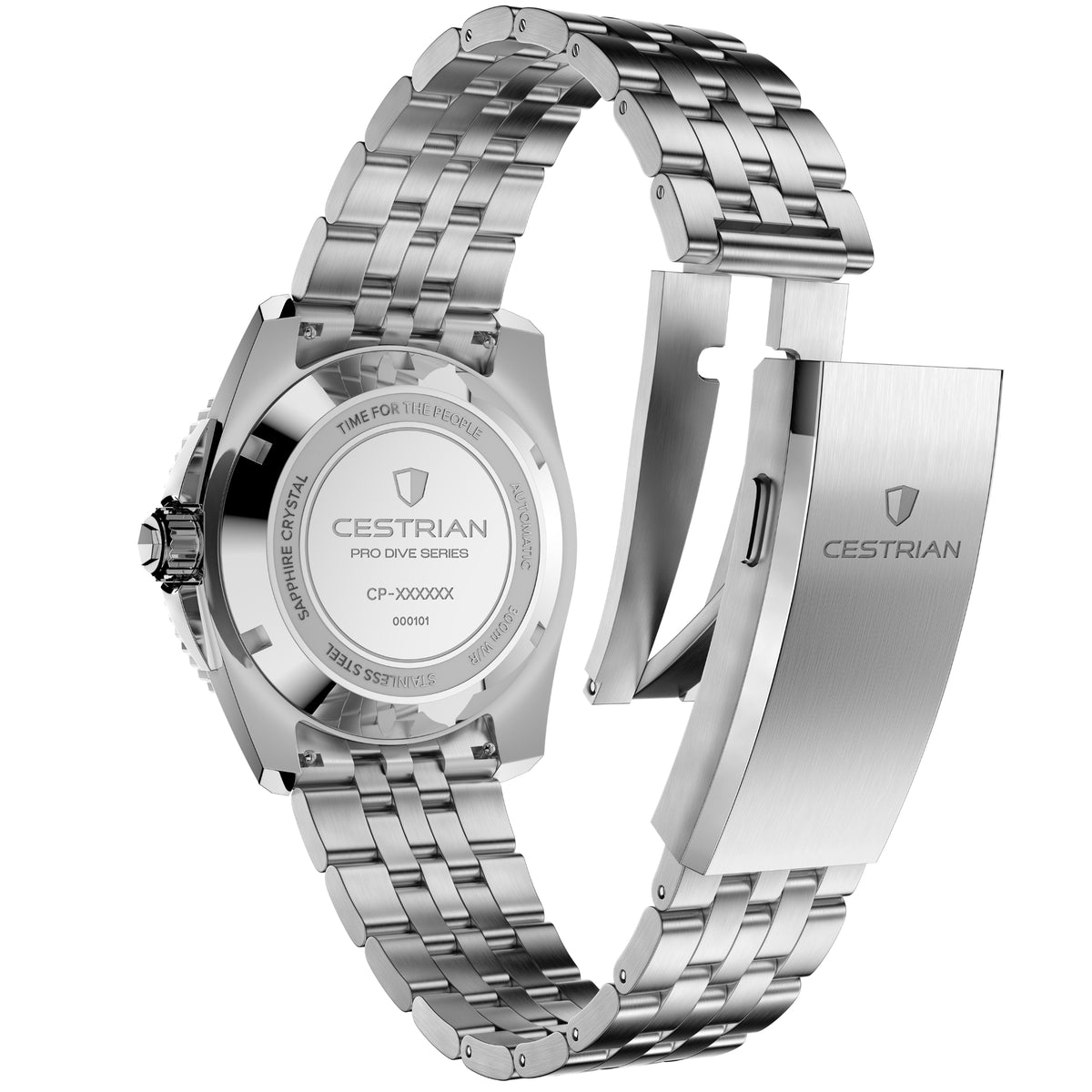 Men's dive watch case back in silver tone with engraved markings and metal link bracelet.