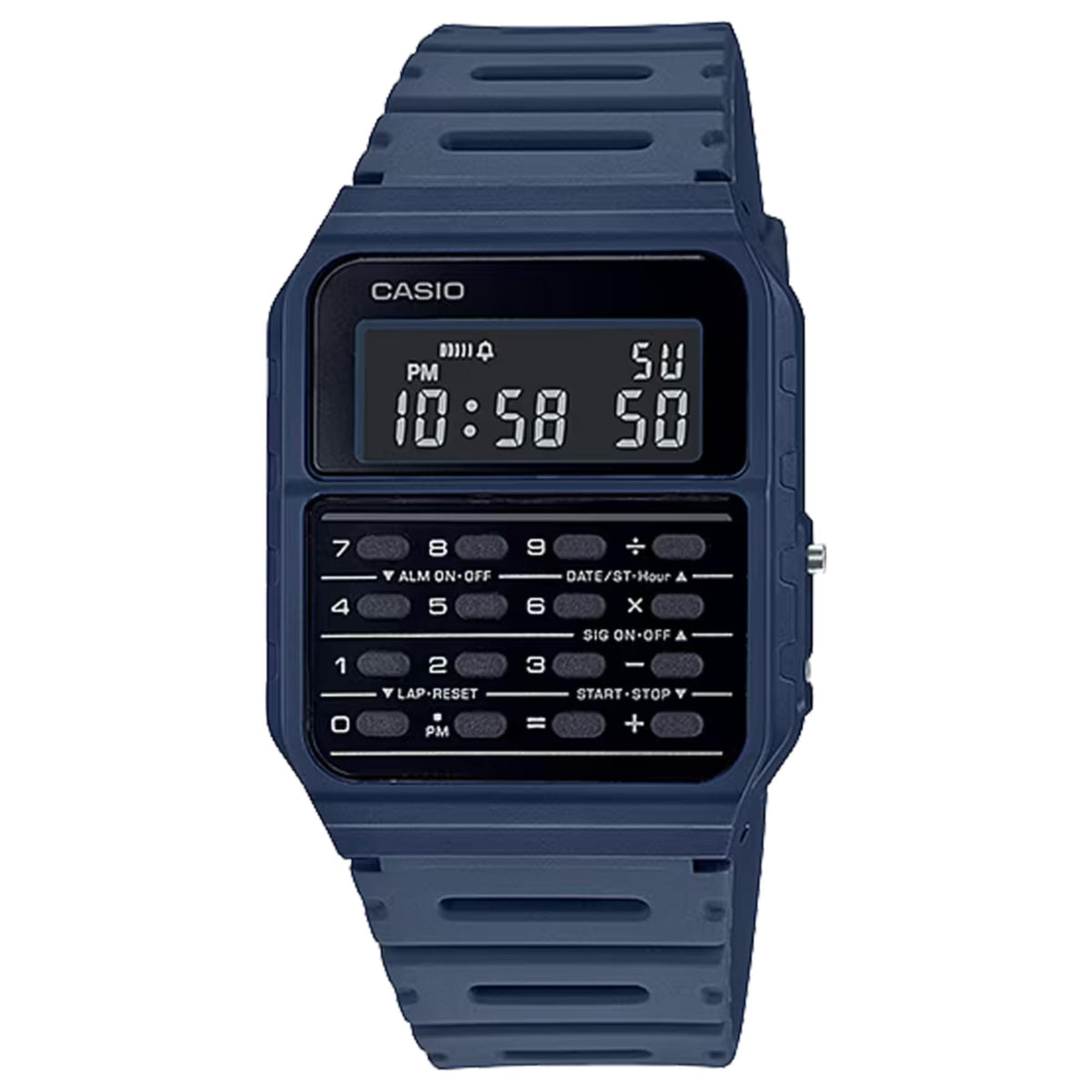 Blue resin strap digital watch with black face and CASIO logo, front view