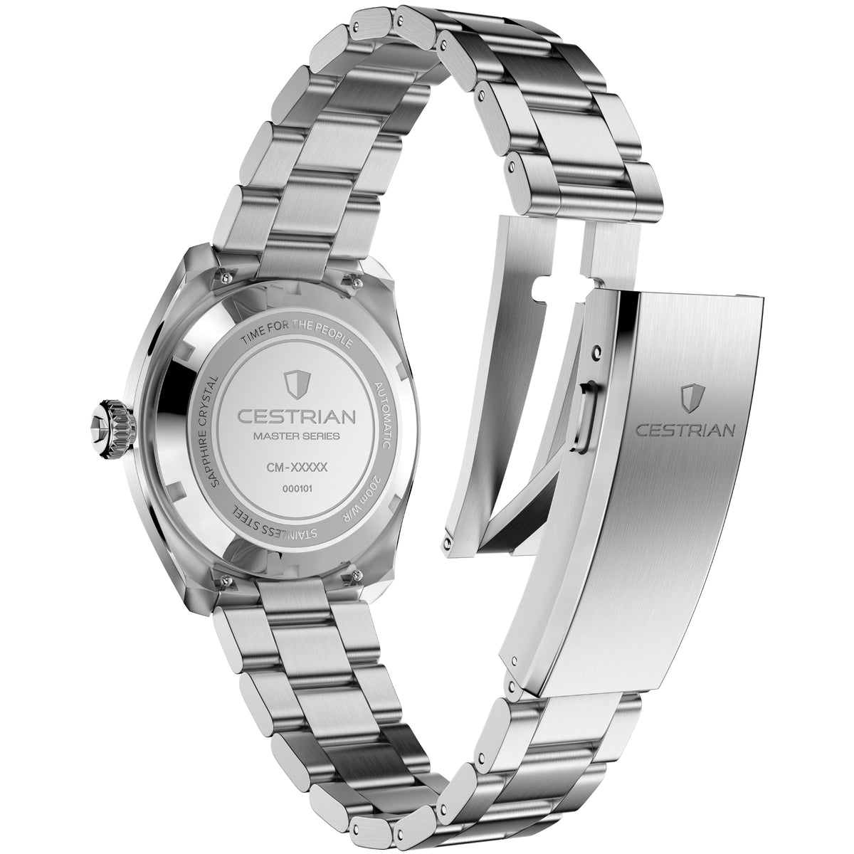 Angled view of the Cestrian Master Series V3 watch showcasing the engraved caseback, deployment clasp mechanism, and full bracelet loop