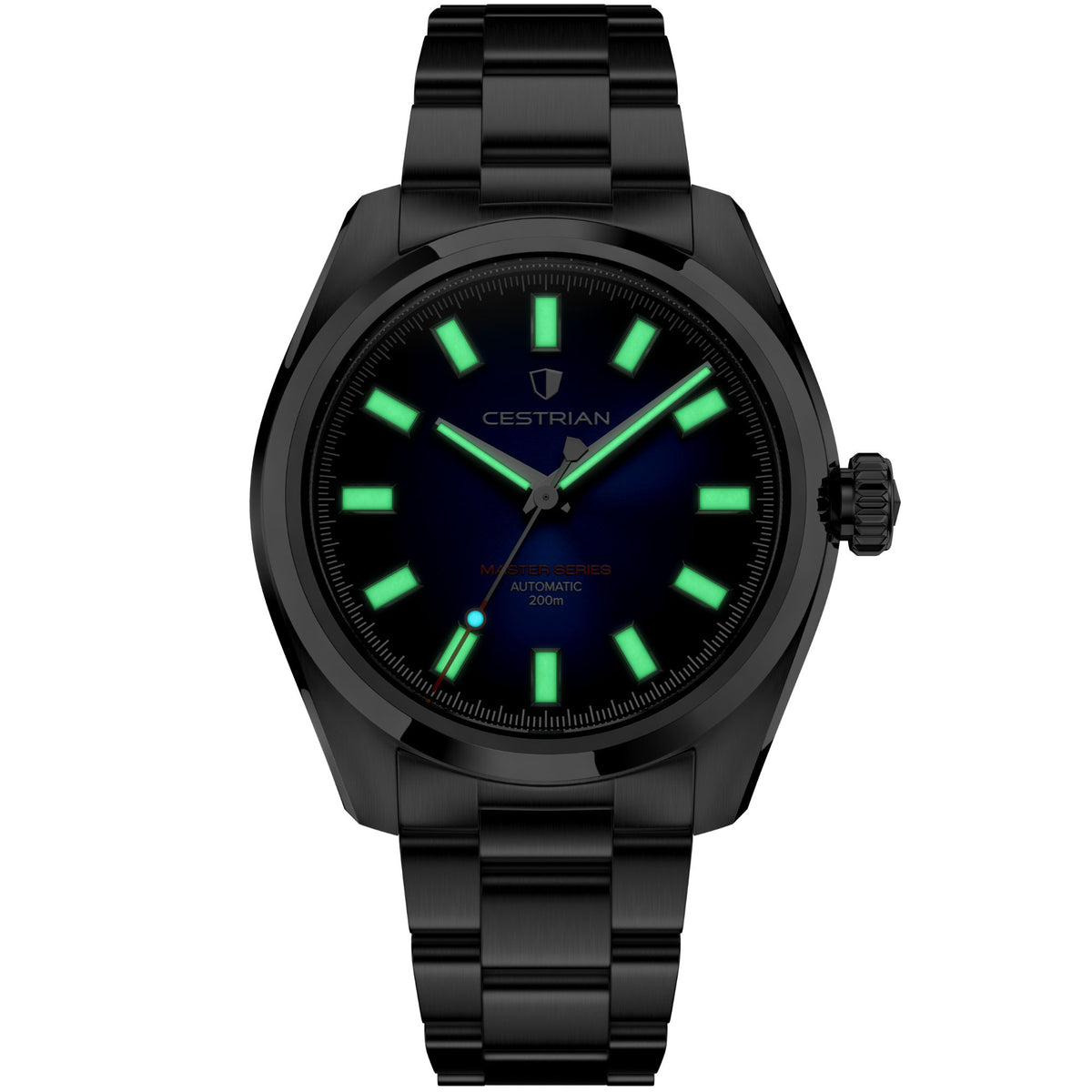 Front view of the Cestrian Master Series V3 watch in the dark highlighting the bright green luminous indices and hands