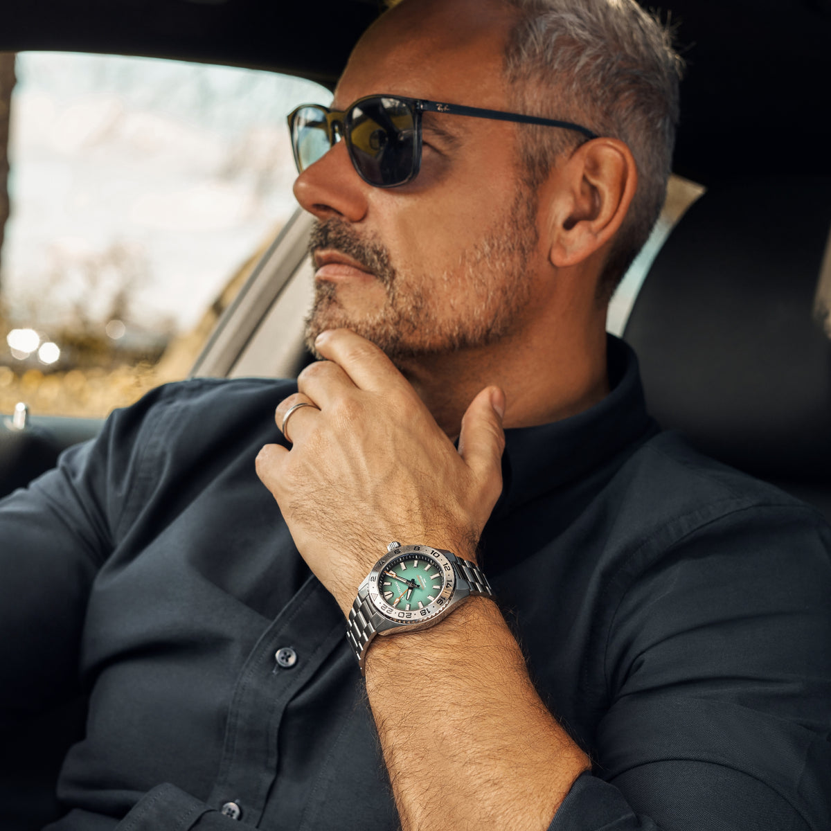 Cestrian Ocean Series automatic GMT watch with green dial and steel bracelet on wrist
