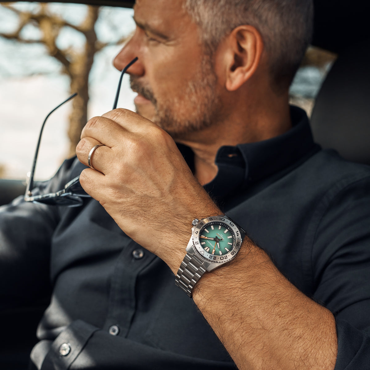 Cestrian automatic GMT men's watch with green dial and steel bracelet
