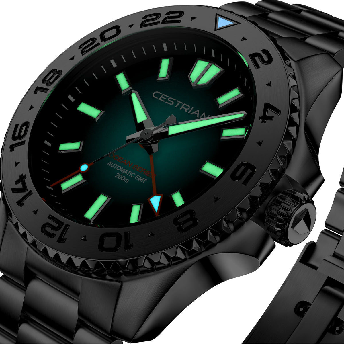 Cestrian Ocean Series CO-YLS001 angled luminous dial close up in the dark