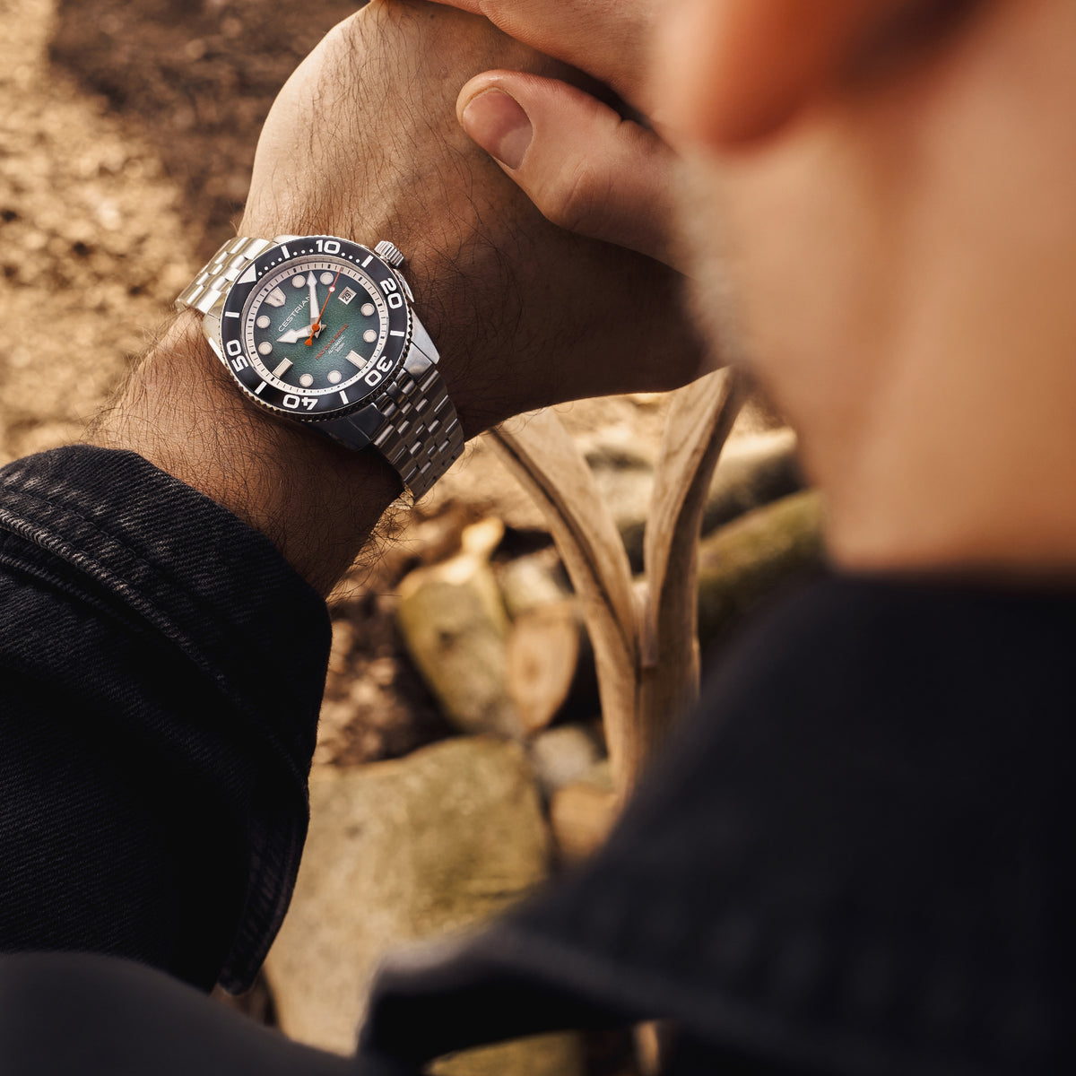 Cestrian Pro Dive Series CP-TLB001 textured teal dial wrist lifestyle detail