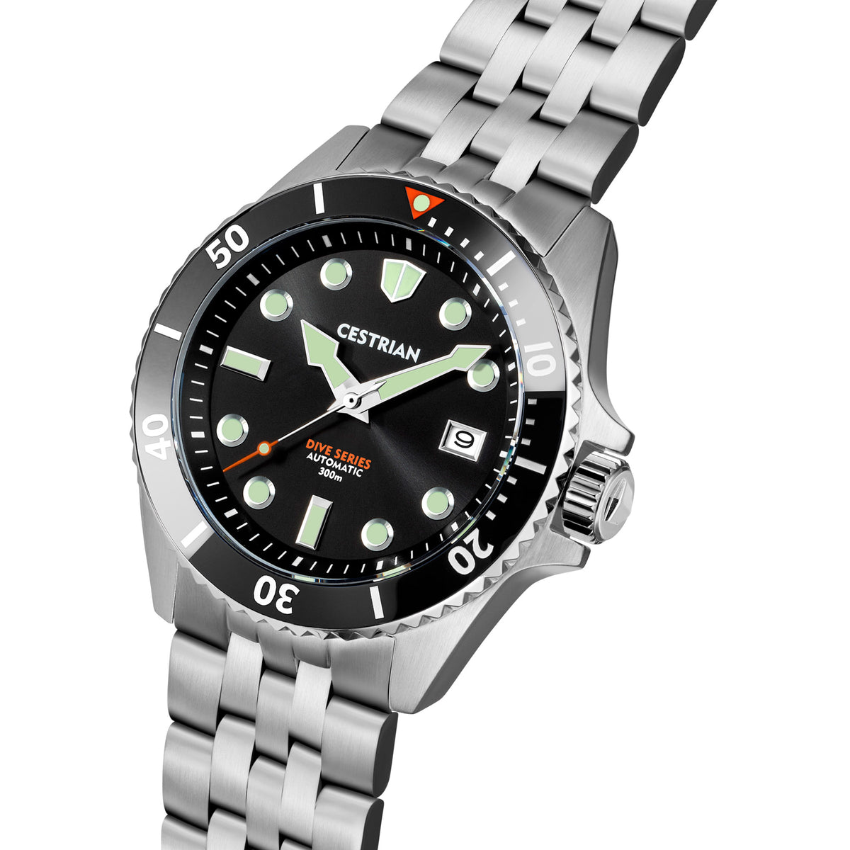 Men's dive watch, angled view: black dial with luminous markers, steel bracelet, black bezel