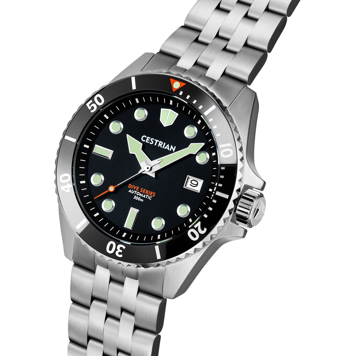 Men's dive watch angled view, black dial with green luminous hands and markers