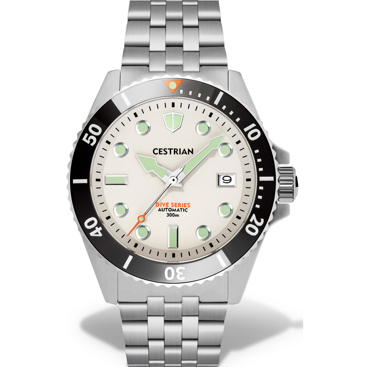 Men's dive watch with white dial, black ceramic bezel, steel bracelet, automatic movement