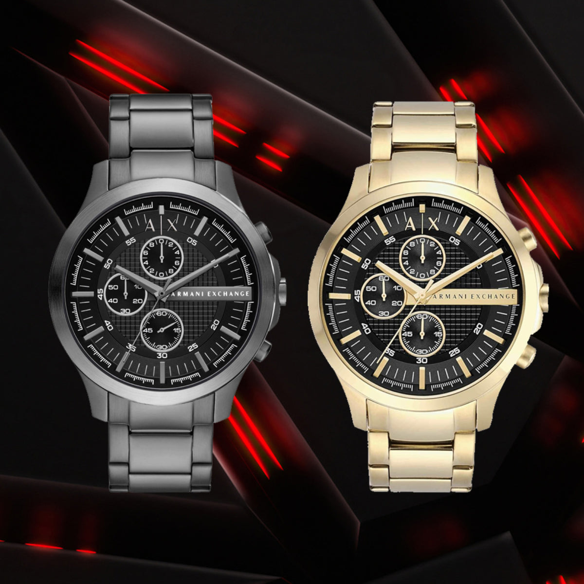 Pair of Armani Exchange men's chronograph watches featuring gunmetal grey and gold-tone stainless steel bracelets
